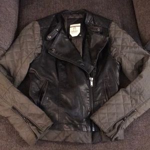 Puffer jacket with attached faux leather vest
